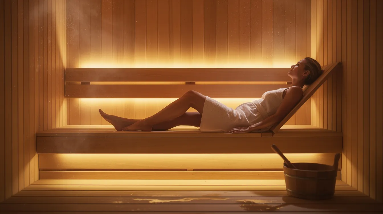 A person is seated comfortably in an infrared sauna, surrounded by soft ambient lighting that promotes relaxation. The warm environment is designed to enhance the benefits of infrared heat, encouraging a soothing sauna experience that can help elevate core body temperature and improve blood flow.