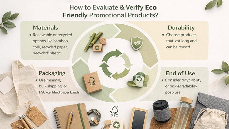 Infographic showing how to evaluate eco-friendly promotional products by materials, durability, packaging, and end of use.