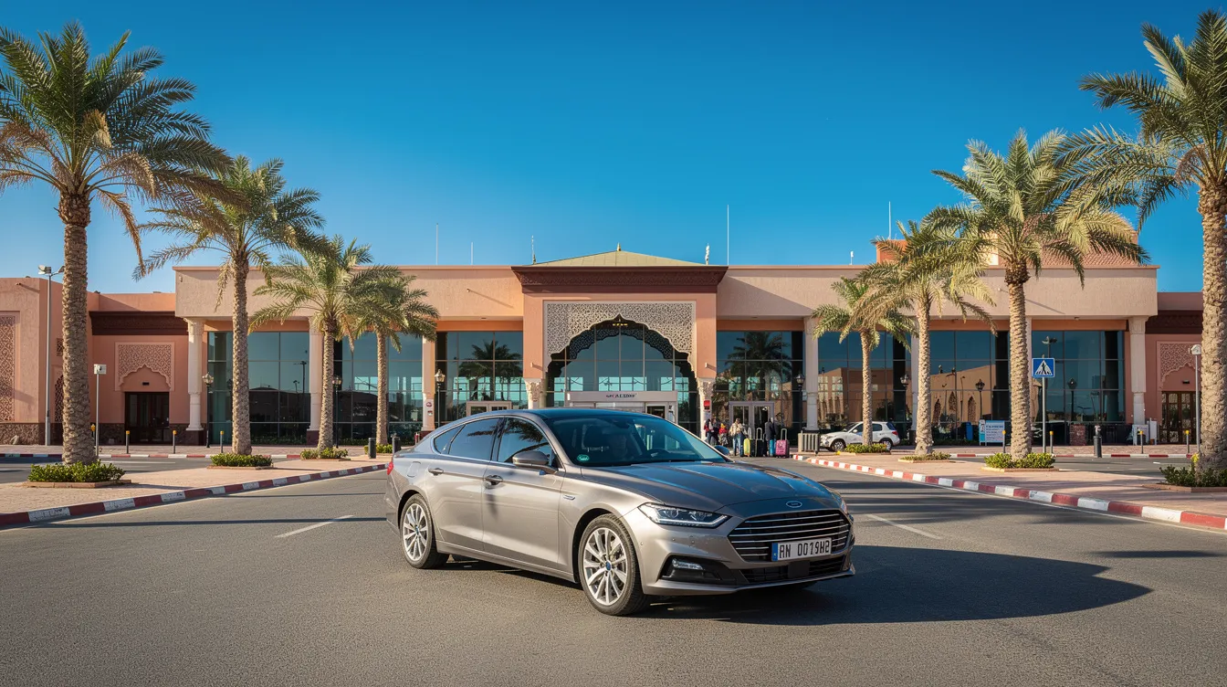 Un coche de alquiler se encuentra aparcado frente a un aeropuerto en Marruecos, rodeado de palmeras y bajo un cielo azul despejado. La escena evoca un ambiente cálido y acogedor, ideal para los viajeros que llegan a la ciudad.