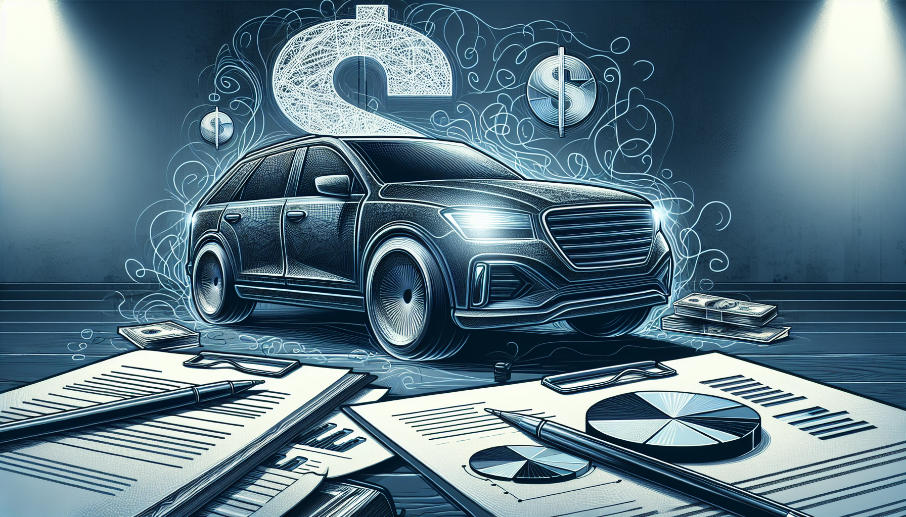 Illustration of financial documents and a car
