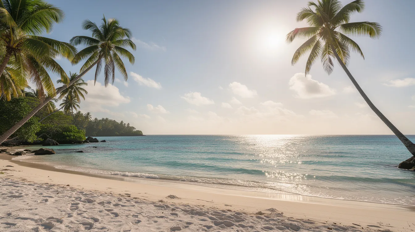 Ein tropischer Strand auf einer Insel im Indischen Ozean zeigt sich mit schneeweißem Sand, sanften Palmen und türkisblauem Wasser, das ein Paradies für Reisende darstellt. Die idyllische Lage lädt zu Outdoor-Aktivitäten wie Tauchen und Schnorcheln ein, besonders während der besten Reisezeit für Mauritius von November bis April, wenn die Temperaturen um die 30 Grad Celsius liegen.