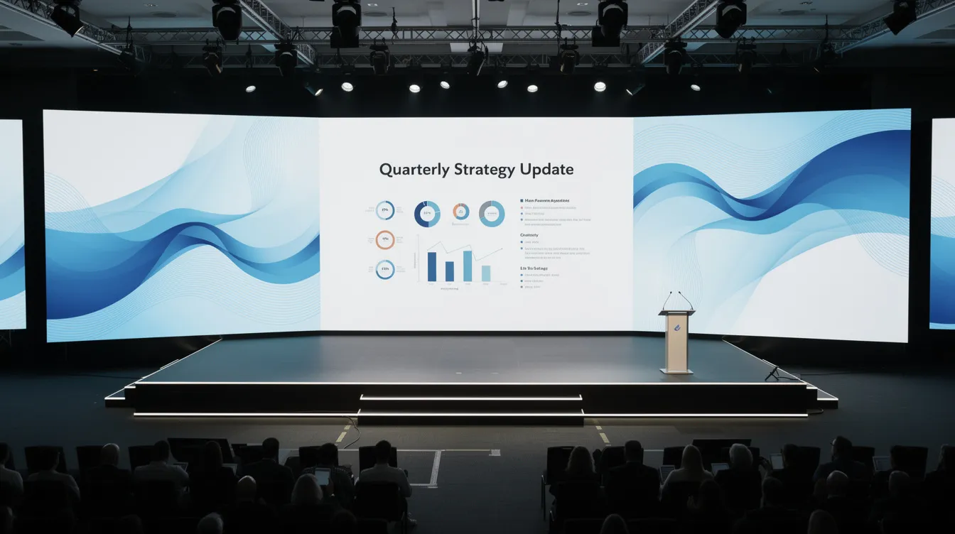 The image depicts a corporate event stage featuring a panoramic LED wall at its center, displaying presentation content with branded motion graphics on either side. The high-resolution LED display ensures crisp visuals and fine detail, enhancing the overall visual experience for the audience.