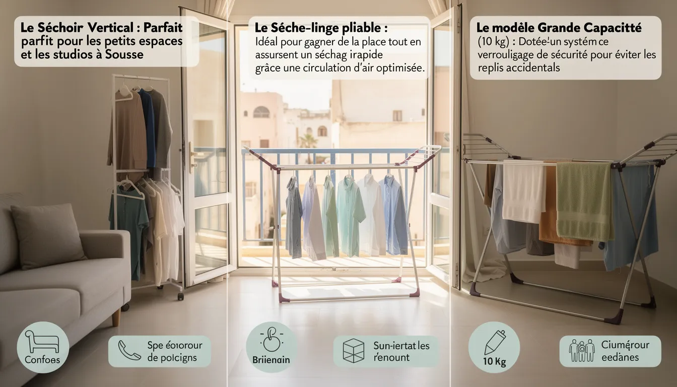 L'image présente plusieurs types de séchoirs à linge adaptés aux appartements, incluant un séchoir vertical pour les petits espaces, un sèche-linge pliable pour un séchage rapide, et un modèle grande capacité avec un système de sécurité. Chaque option est conçue pour optimiser l'espace tout en assurant une qualité de séchage optimale pour vos articles.