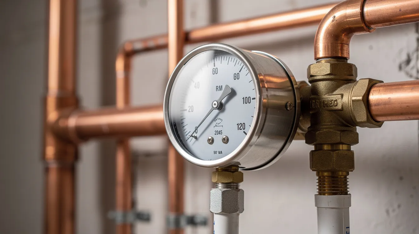 A close-up view of a professional pressure gauge is displayed, securely attached to residential water pipes, indicating the health of the plumbing system. This image highlights the importance of skilled plumbers in maintaining reliable plumbing services for both residential and commercial properties.
