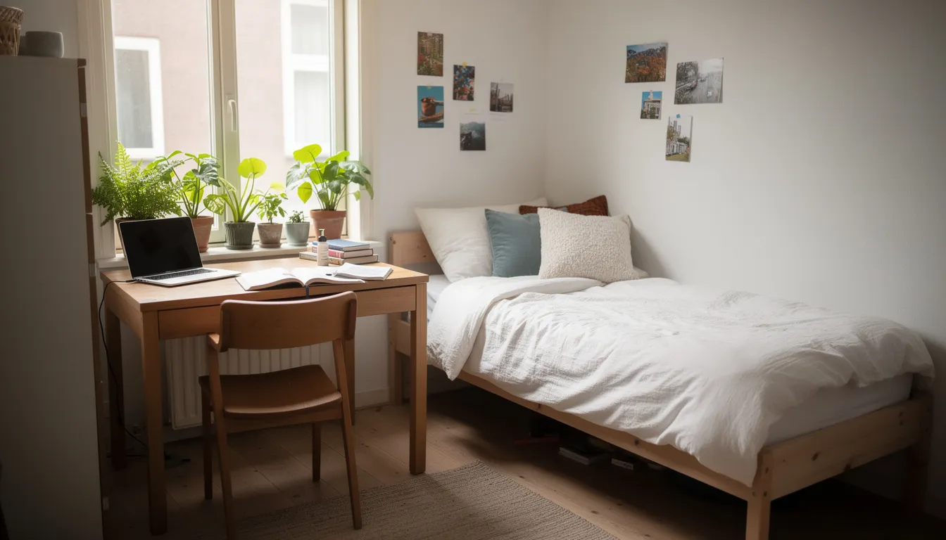 Een gezellige kleine studentenkamer met een bed tegen de muur, een bureau bij het raam en groene planten op de vensterbank, die een persoonlijke touch aan de inrichting geeft. De ruimte is slim ingericht met multifunctionele meubels en leuke accessoires, waardoor het een fijne plek is om te studeren en te ontspannen.
