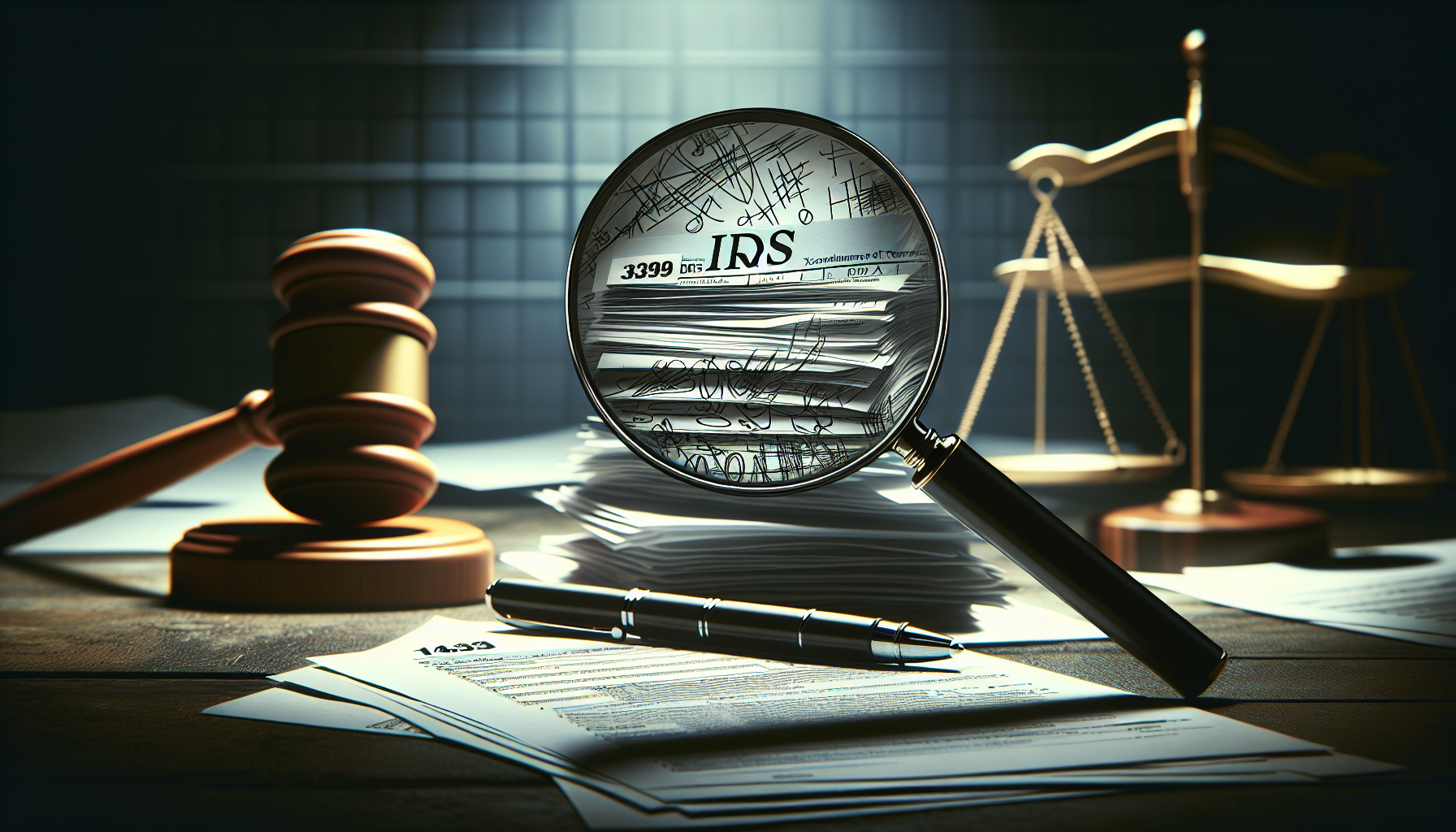 Illustration of a magnifying glass over IRS tax forms