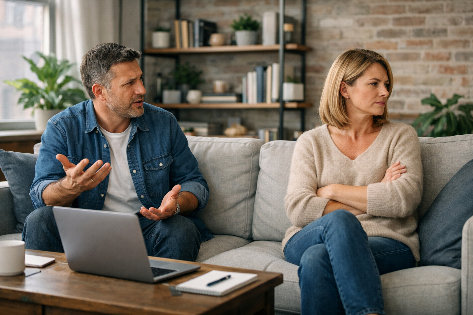 Couple in a New York living room arguing while sitting apart on a sofa.