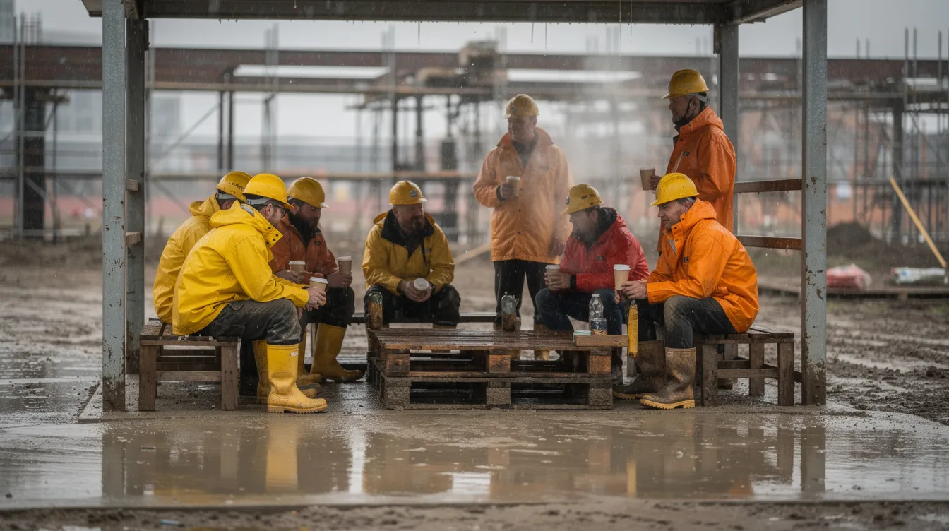 Construction workers gather under a covered break area on a rainy jobsite.