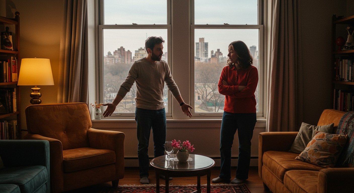 Image of a couple in NYC having a conflict, with one partner being critical, and the other doing another horseman in Gottman method, being defensive.