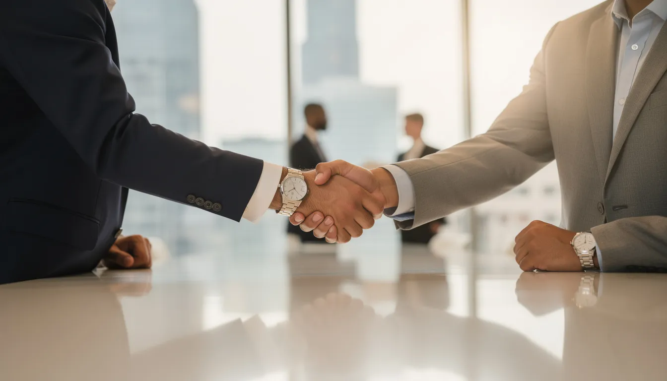 The image depicts a handshake between two business professionals, symbolizing a successful partnership or agreement often seen in venture capital investments. This moment reflects the collaboration necessary for emerging growth companies and highlights the importance of corporate governance in securing funding from venture capital firms and strategic investors.