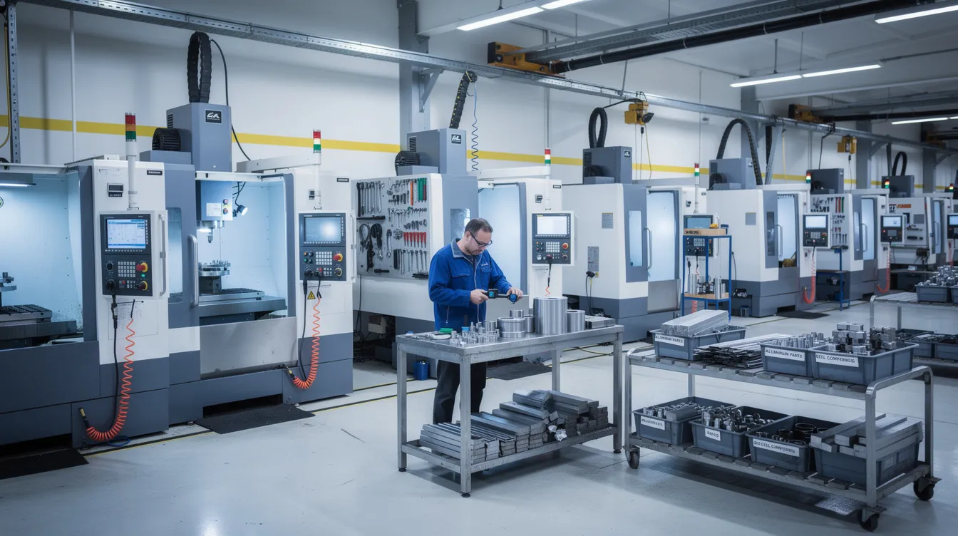 The image depicts a manufacturing workspace filled with advanced CNC machines and various engineering equipment, highlighting the environment where innovative research and development activities take place. This setting is essential for engineering firms looking to increase their research activities and potentially qualify for tax credit services, including the R&D tax credit, which can provide significant tax savings and incentives for qualified small businesses.