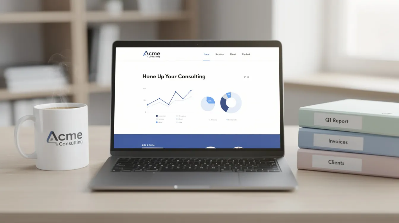 The image depicts a desk featuring a laptop displaying a business website, a branded coffee mug, and neatly organized file folders, suggesting a workspace focused on business transactions and legal matters, such as those handled by mergers and acquisitions lawyers. The setting conveys a professional atmosphere conducive to discussions about asset purchases and financial records.