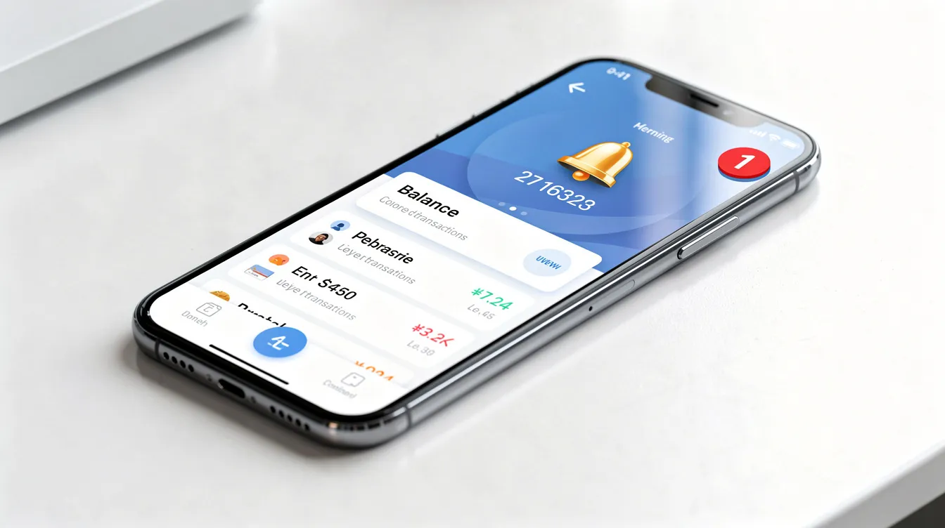 The image shows a smartphone displaying a mobile banking app, featuring a prominent notification bell icon. This app allows users to manage their bank account, including options for submitting a stop payment request for lost or stolen checks, ensuring secure handling of their finances.