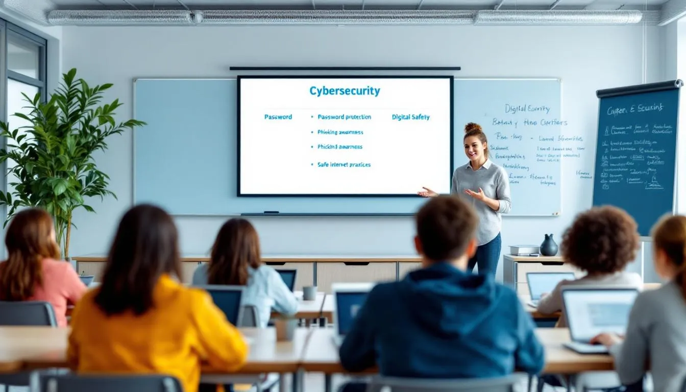 La imagen representa un aula moderna donde se enseña sobre ciberseguridad en la educación, con estudiantes atentos a una presentación sobre ciberataques y la importancia de la protección de datos. Se observan herramientas tecnológicas y materiales educativos que destacan la concienciación sobre las amenazas digitales y la formación en seguridad informática.