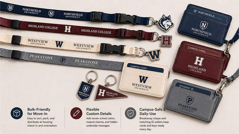 Cool college swag for outdoor events: Branded lanyards, keychains, and ID holders, used by college students to manage dorm keys and campus cards, featuring subtle design twists like mascot charms and motivational phrases.
