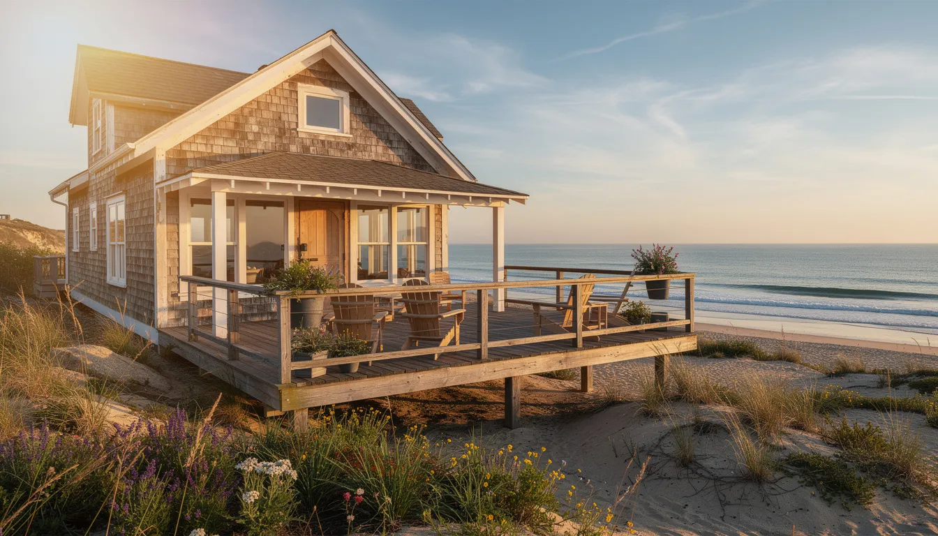 The image depicts a charming weathered coastal cottage featuring a wraparound deck that offers stunning ocean views. This picturesque property could benefit from a thorough home inspection to assess its structural integrity and identify any necessary repairs for potential buyers in Connecticut's real estate market.