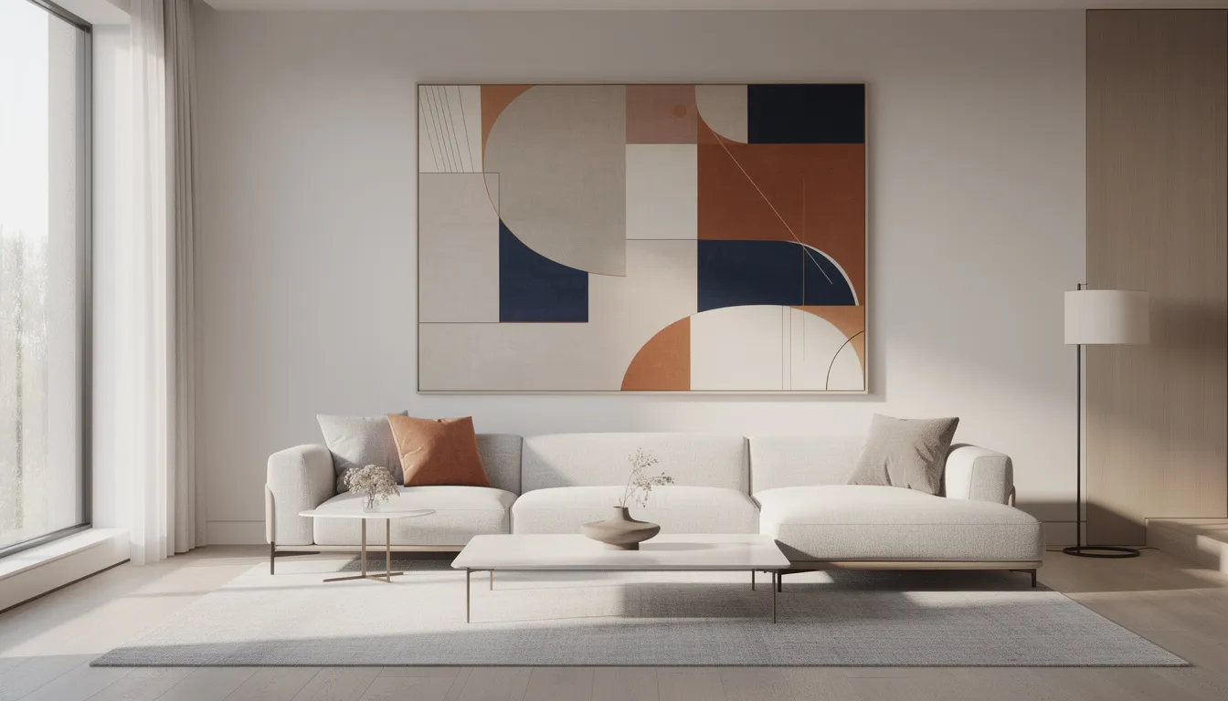 The image features dope wall art showcasing an abstract geometric design, elegantly displayed in a contemporary living space. The vibrant colors and unique shapes of the canvas art add an inspirational touch to the room, making it a perfect statement piece for art lovers.