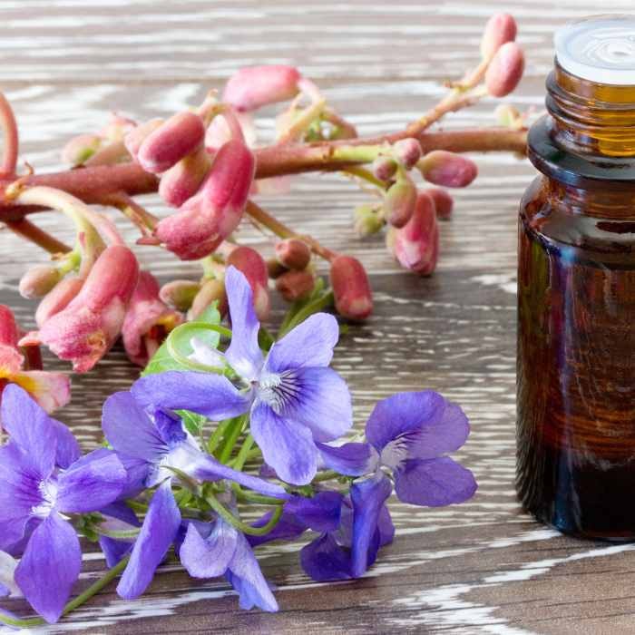 Bach Flower Remedy bottle with violet flowers and buds on a wooden surface.