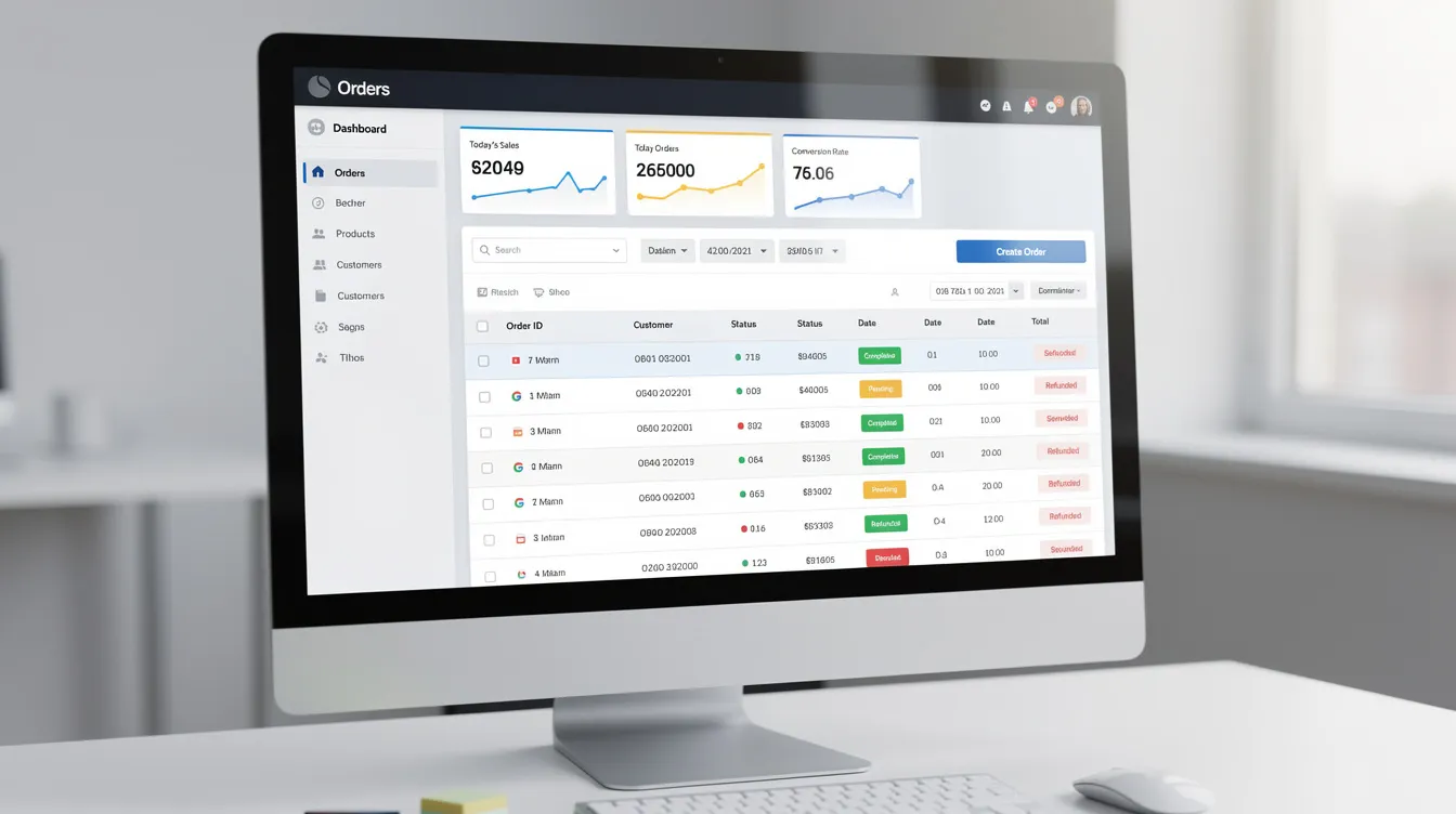 The image depicts a computer screen displaying an ecommerce dashboard featuring an order management interface, highlighting various metrics related to customer orders and inventory management for a dropshipping business. This interface is designed to help users streamline their fulfillment process and enhance customer satisfaction by tracking sales volume and supplier performance.