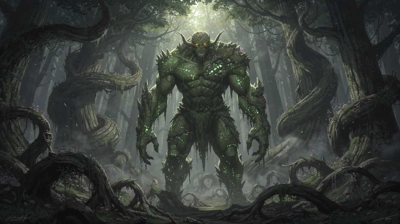 A towering green creature stands majestically in a dark fantasy forest filled with twisted trees, embodying the power of nature and magic. The scene evokes a sense of mystery and strength, reminiscent of creature spells that draw upon the mana pool, perfect for a mono green deck.