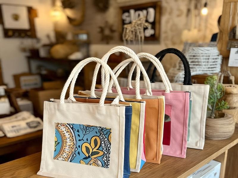 Colorful canvas tote bags with rope handles lined up on a wooden shelf, each bag featuring a different fabric patch on the front.