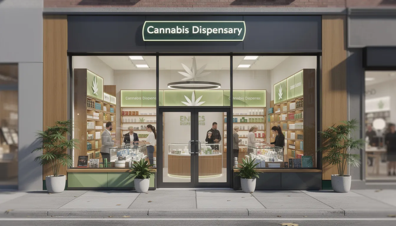 The image shows the storefront of a cannabis dispensary in Massachusetts, with customers visible through the window, highlighting the recreational marijuana sales that are part of the state's sensible marijuana policy. This reflects the impact of marijuana legalization and medical marijuana access for Massachusetts residents.