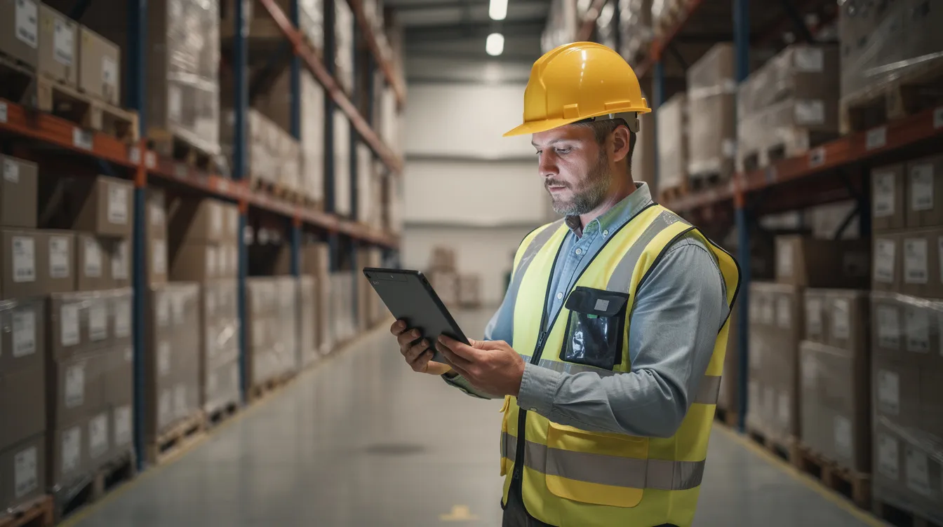 A warehouse worker is seen checking inventory on a tablet device, ensuring efficient inventory management and operational efficiency. This scene highlights the integration of technology in the ecommerce industry to enhance customer satisfaction and streamline supply chain management.