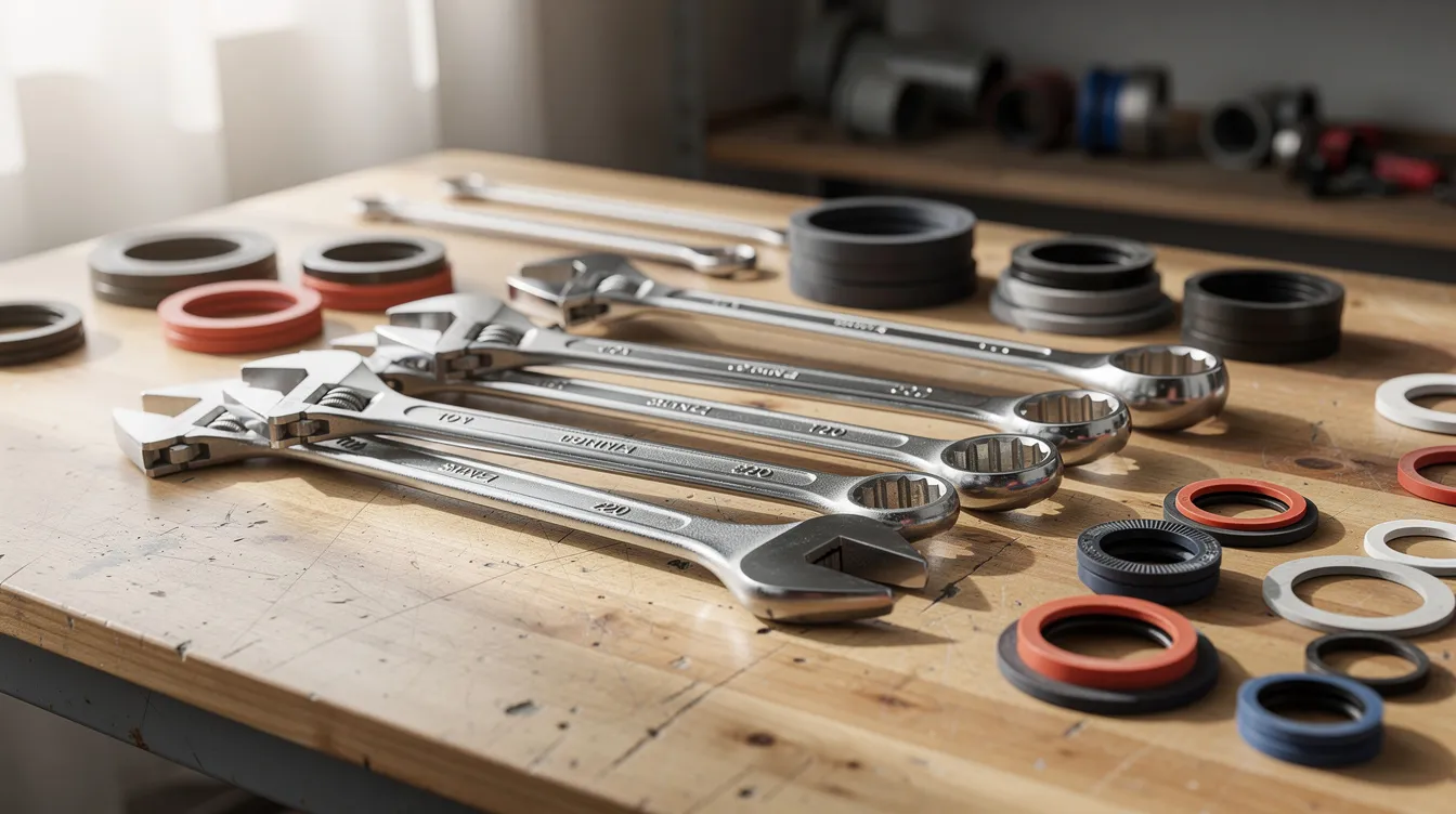 Des outils de plomberie professionnels, tels que des clés à molette et des joints, sont soigneusement disposés sur un plan de travail, évoquant l'univers du dépannage plomberie à Nantes. Ces équipements sont essentiels pour toute intervention de plomberie, qu'il s'agisse de réparations ou d'installations dans des salles de bain ou cuisines.