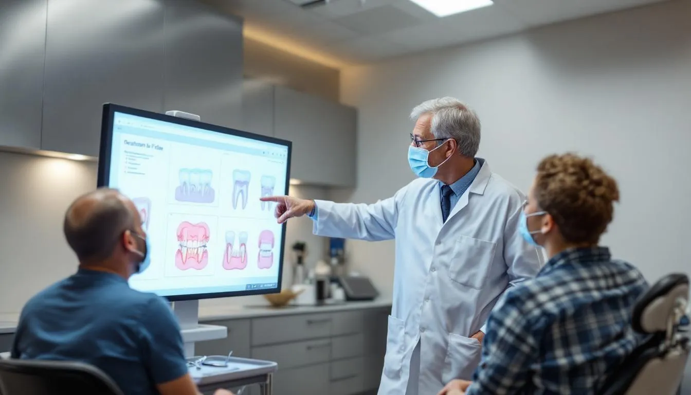 Un dentista está explicando un plan de tratamiento a los padres de un niño paciente, utilizando gráficos dentales que muestran un odontograma infantil con información sobre las piezas dentales y su estado. En la imagen, se pueden ver diagramas que ilustran el proceso de tratamiento y los problemas dentales, mientras los padres escuchan atentamente.