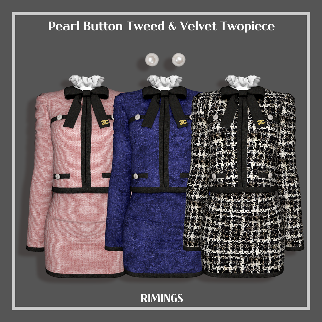 Pearl Button Tweed & Velvet Twopiece & Pearl Earring