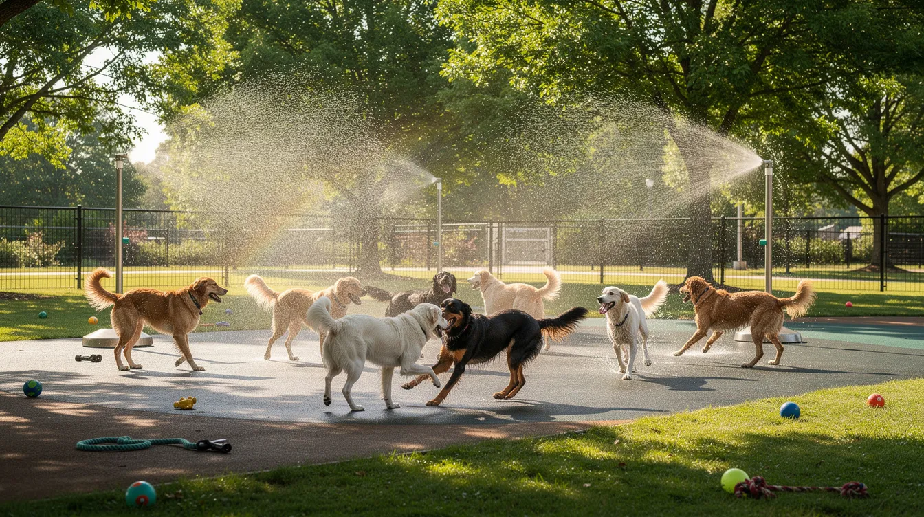 Two happy dogs are playing together in a shaded outdoor play yard at a pet paradise, surrounded by trees and misting stations, ensuring a safe and comfortable environment for pets in Arizona. This spacious facility offers a fun and friendly atmosphere for dogs to enjoy playtime and socialize with other animals.