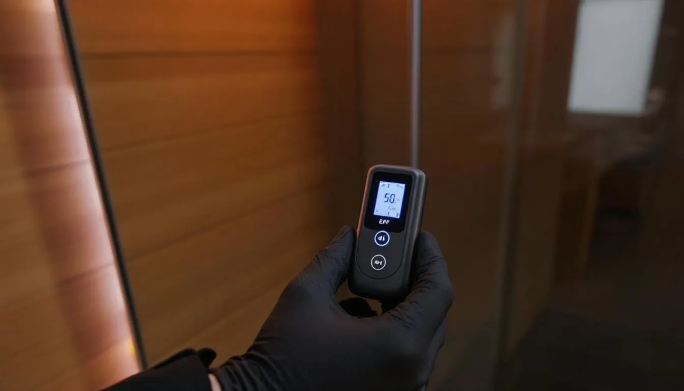 The image depicts an EMF measurement device actively taking readings inside a modern infrared sauna, showcasing the infrared technology used in infrared sauna therapy. This setup highlights the unique environment of an infrared sauna, where infrared rays gently heat the body, providing therapeutic benefits and promoting detoxification during a sauna session.