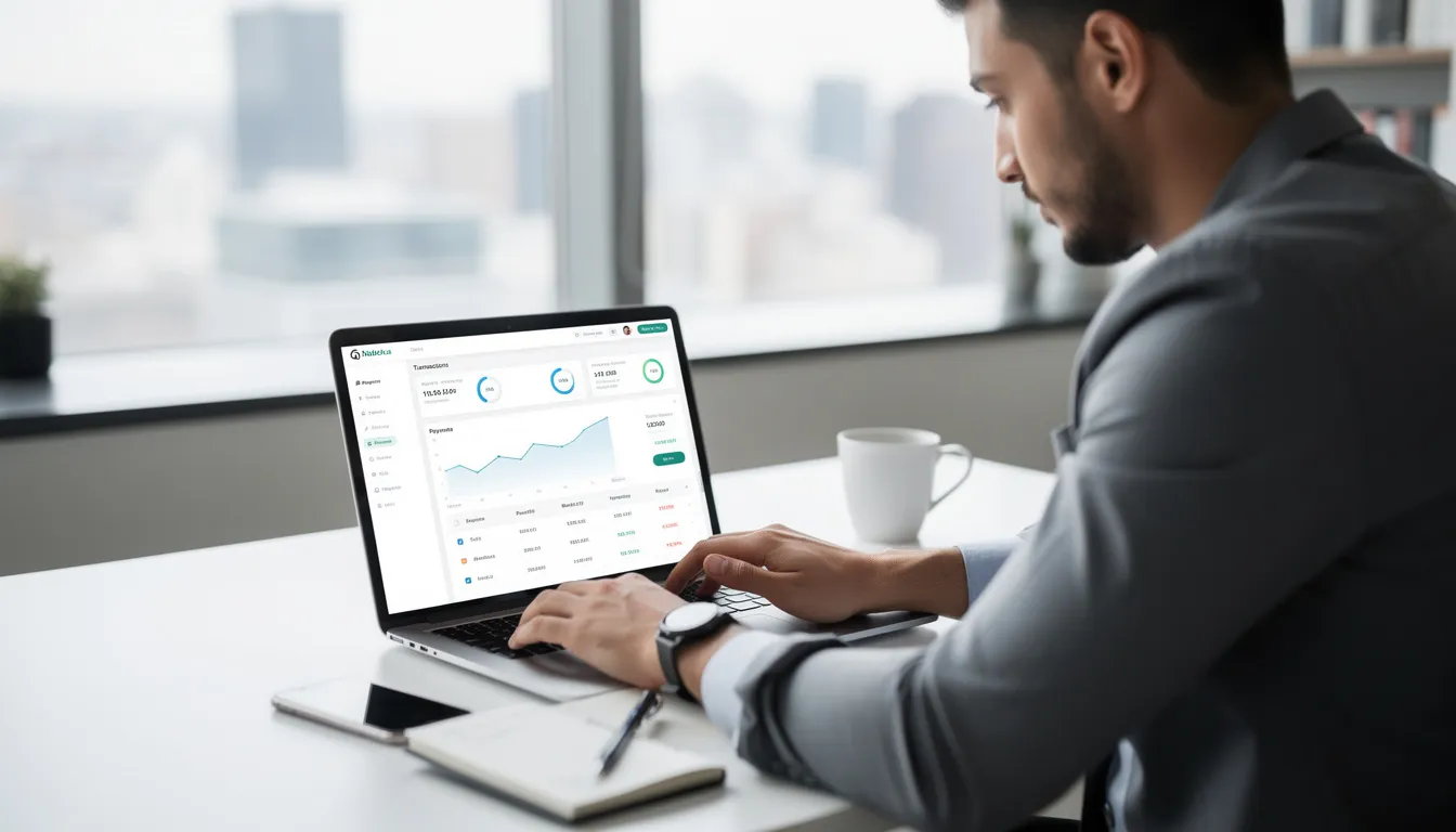 A business owner is intently reviewing a payment processing dashboard on their laptop, analyzing transaction data and performance metrics to optimize their payment services and enhance revenue. The screen displays various statistics related to customer payments, fraud protection, and compliance, reflecting the importance of secure and efficient financial operations for their business.