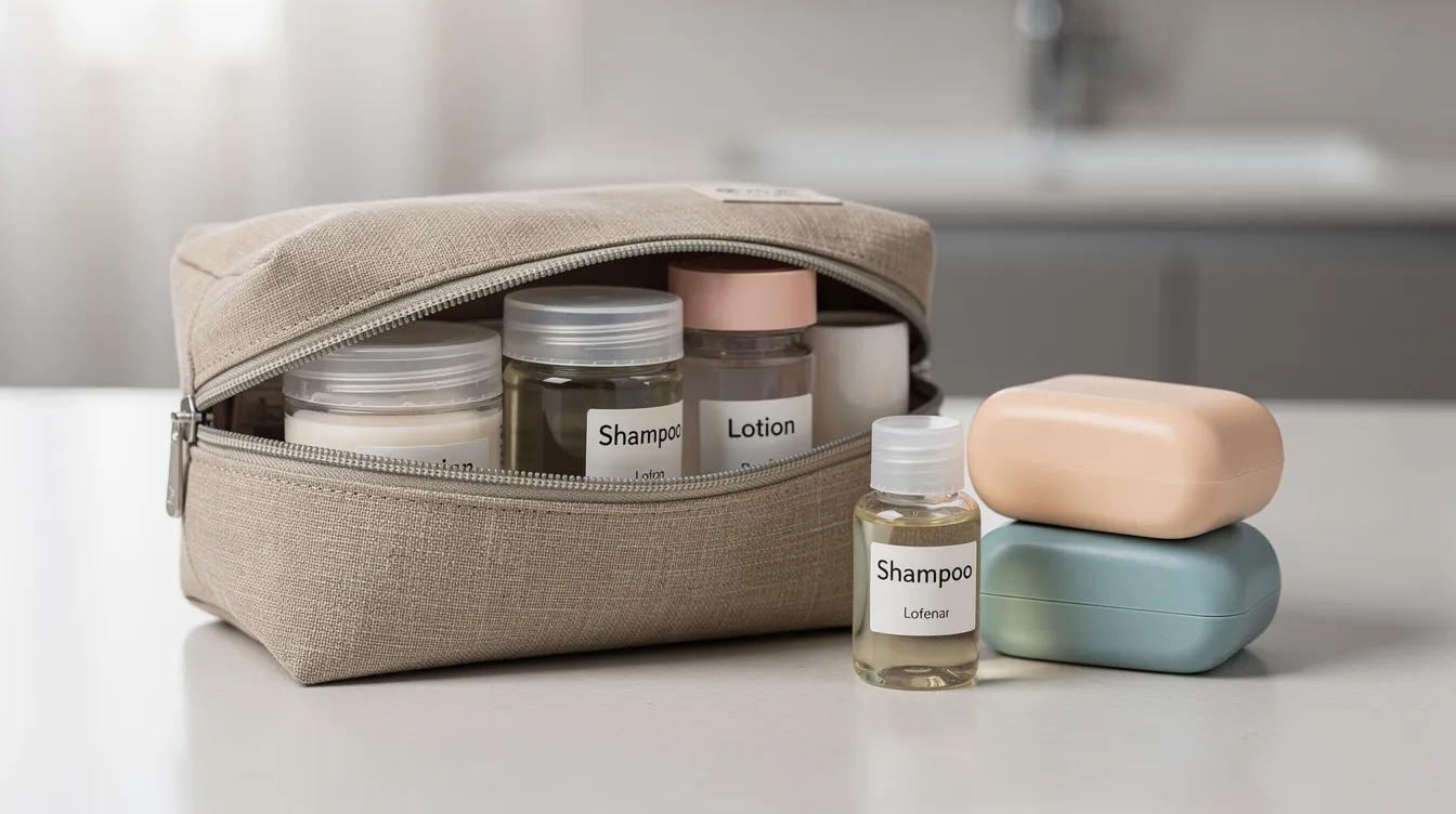 A close-up view of a compact toiletry bag featuring neatly arranged travel-size containers and solid shampoo bars, ideal for packing efficiently on a road trip. This smart packing strategy helps save space and keep essential items organized for your adventure ahead.