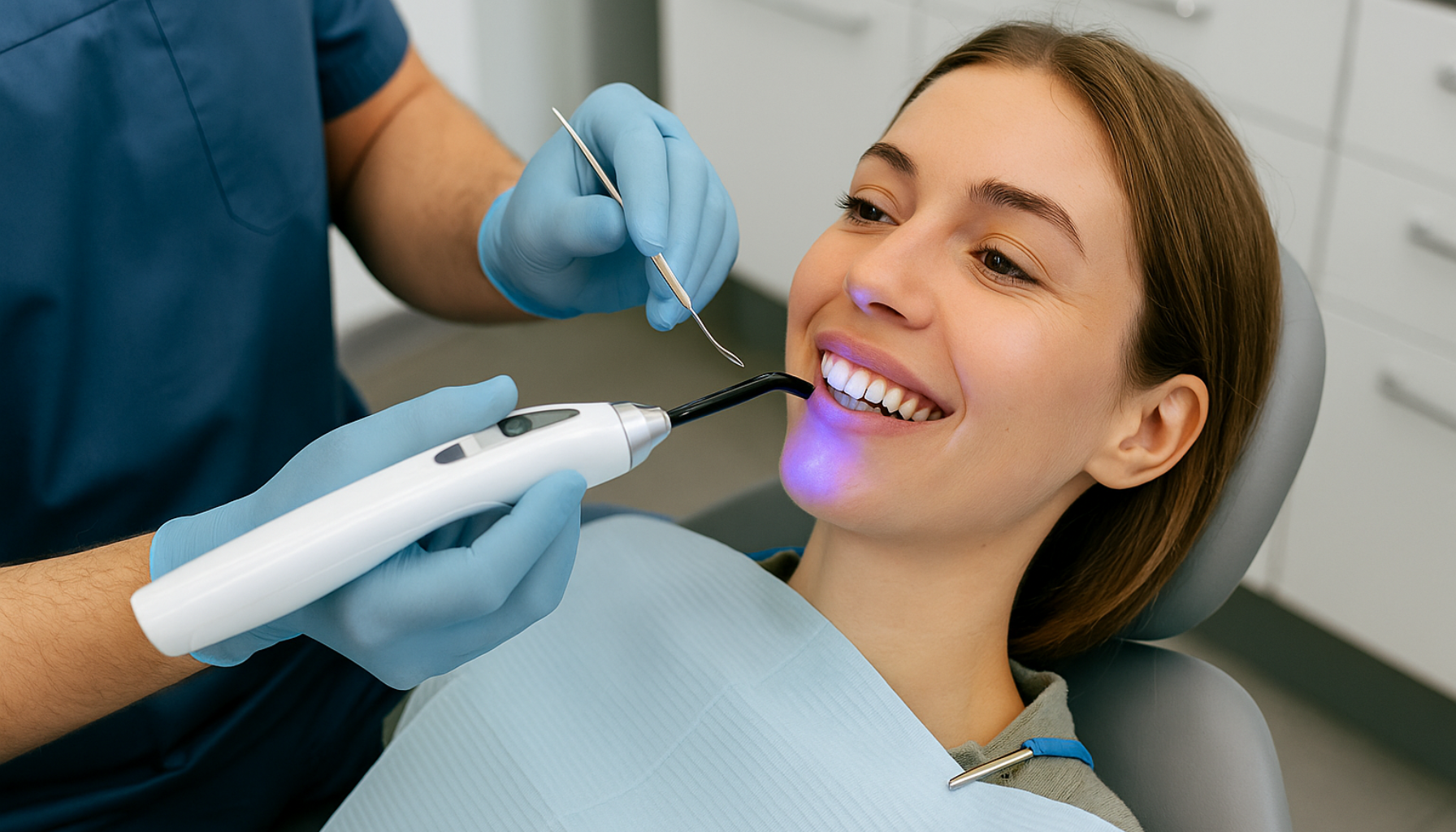 Pasient får utført kompositt bonding hos tannlege med herdelampe i moderne og ren klinikk.