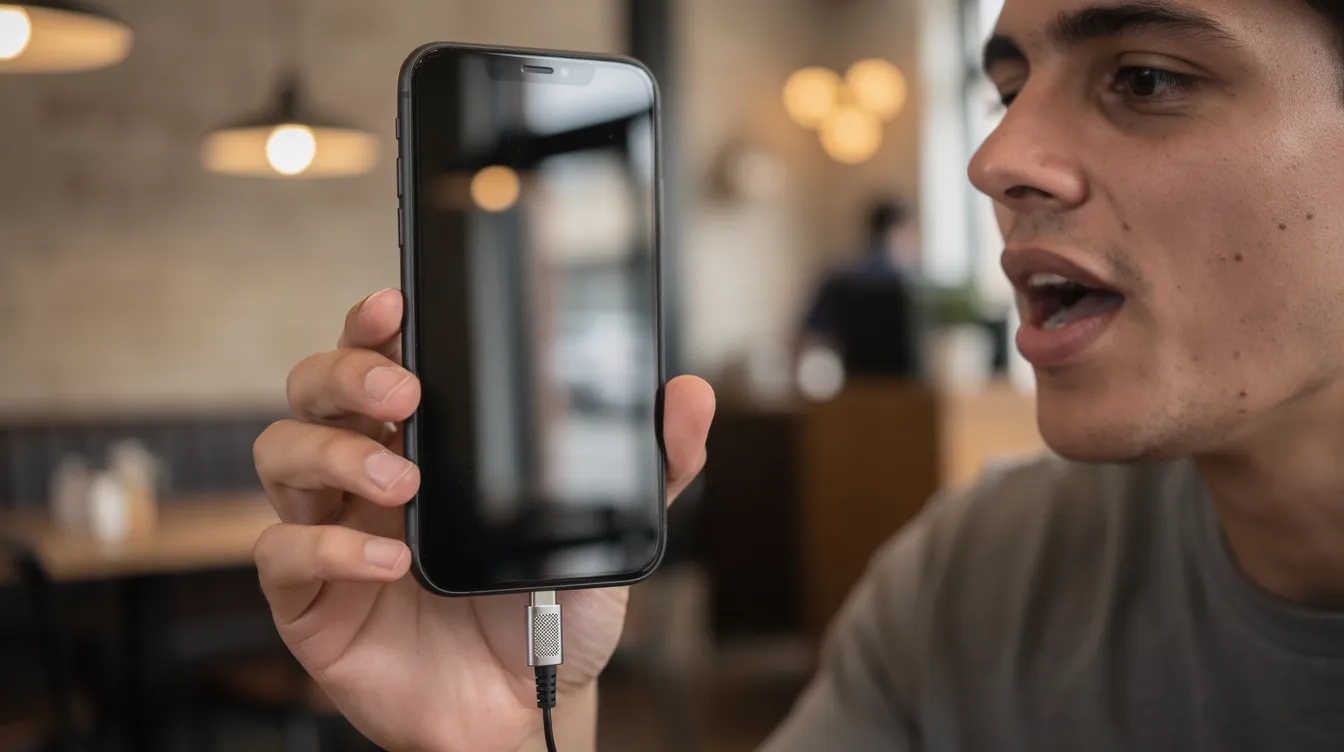 Ein Smartphone wird vertikal von einer Hand gehalten, während ein kleines Mikrofon am USB-C-Anschluss eingesteckt ist. Im Hintergrund spricht eine Person in einem Café, was auf eine Aufnahme von Sprache und Tonqualität hinweist.