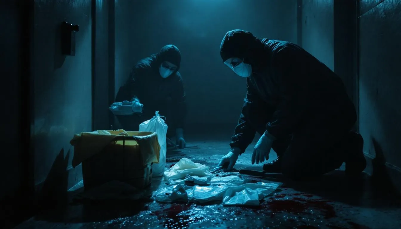 A crime scene cleanup team preparing their equipment.