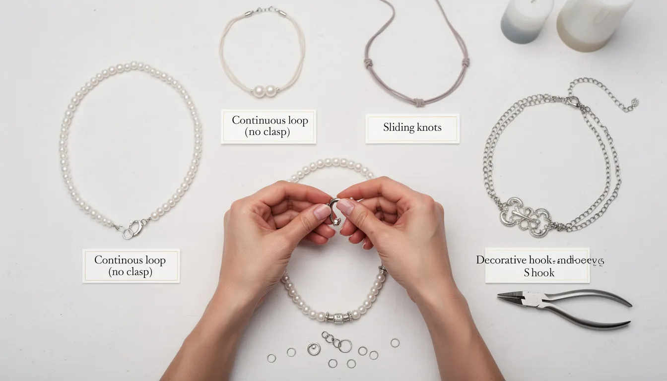 The image depicts a jeweller skillfully replacing a necklace clasp, showcasing various types of jewellery clasps, including a lobster clasp and a magnetic closure. The jeweller is focused on ensuring a secure hold for the necklace, highlighting the importance of functionality and design in jewellery making.