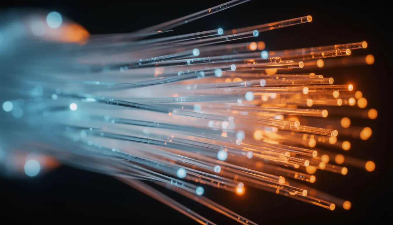 The image features illuminated fiber optic cables, showcasing vibrant blue and orange light pulses traveling through glass strands. This visual representation highlights the advanced technology of fiber optic networks, crucial for high-speed internet connectivity and seamless data transmission in the digital world.