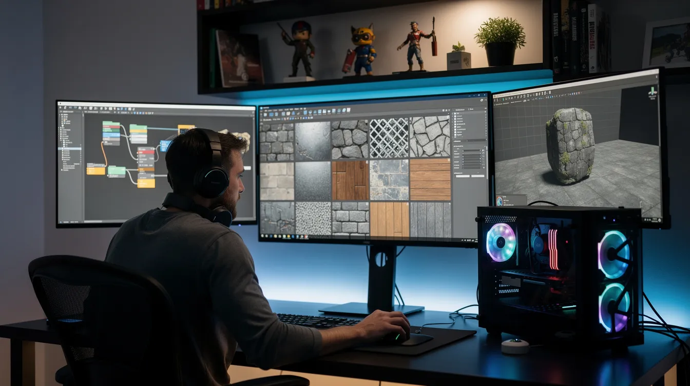 A game developer is seated at a modern studio desk, intently reviewing AI-generated texture options displayed across multiple monitors. The workspace is filled with digital art and tools, showcasing the integration of AI in video game development to enhance game assets and streamline the creative process.