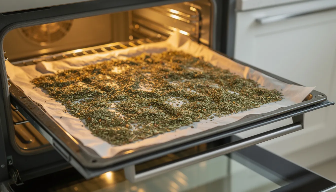 Ein Backofen mit einem Backblech, auf dem getrocknete Kräuter auf Backpapier liegen, ist abgebildet. Diese Szene könnte Teil einer Schritt-für-Schritt-Anleitung zur Decarboxylierung von Cannabis sein, um die Wirkung der Cannabinoide zu aktivieren.