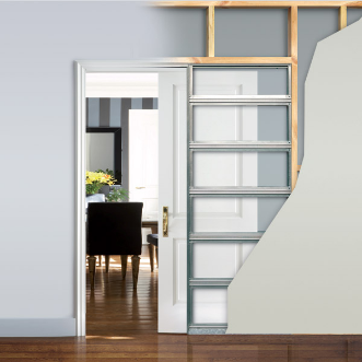 Cut through view of pocket door frames