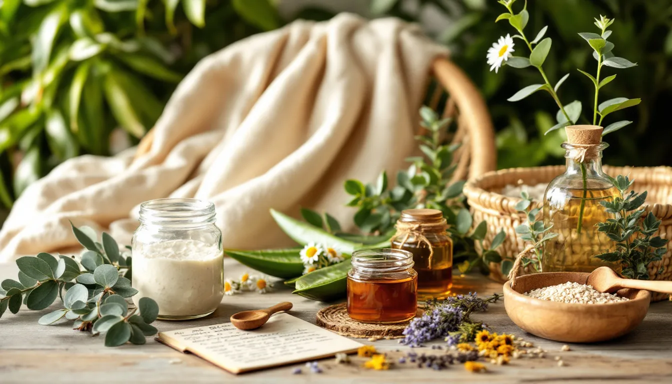 Natural topical treatments for psoriasis arranged aesthetically.