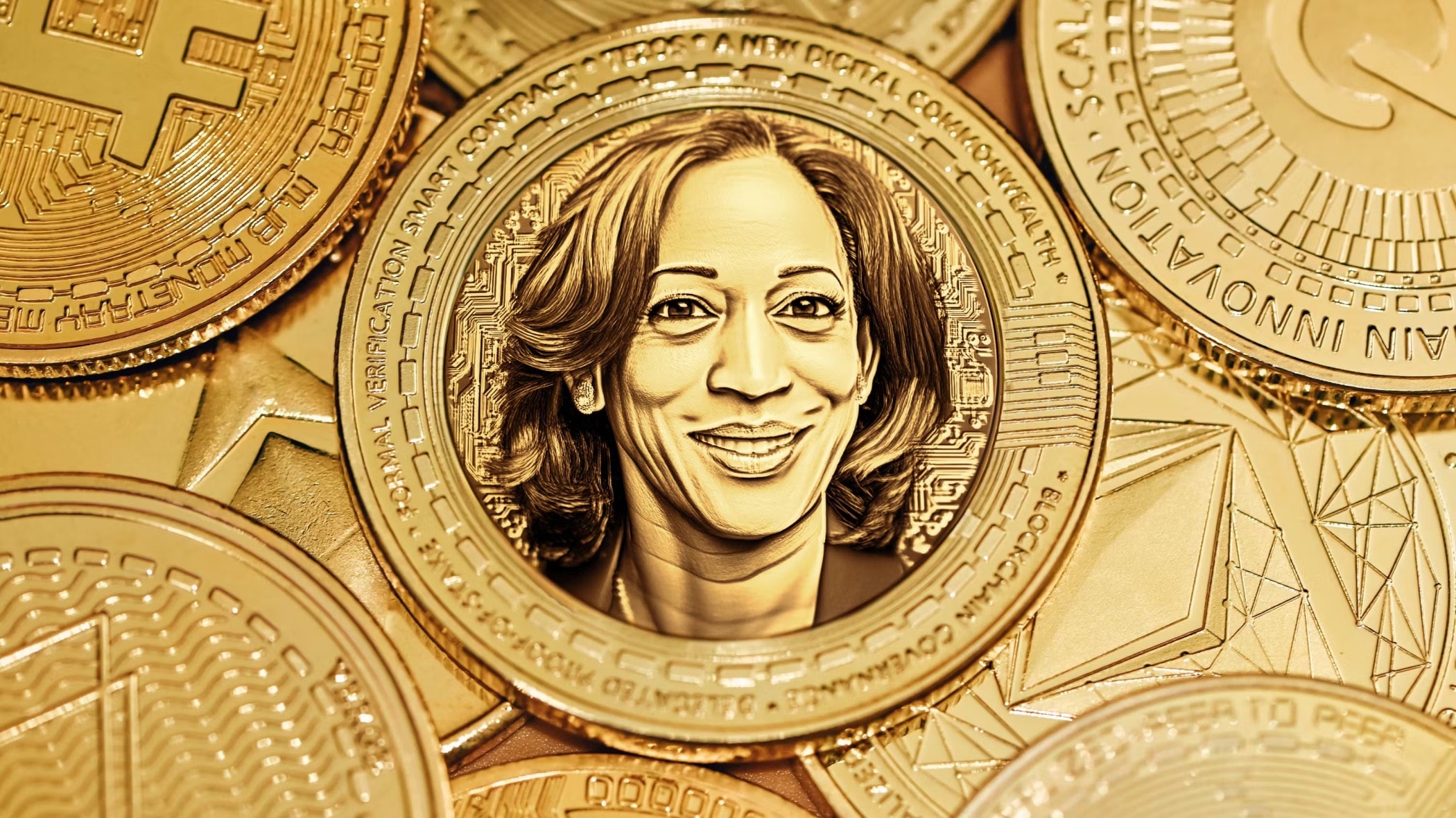 Image of Kamala Harris face on a gold crypto coin. 