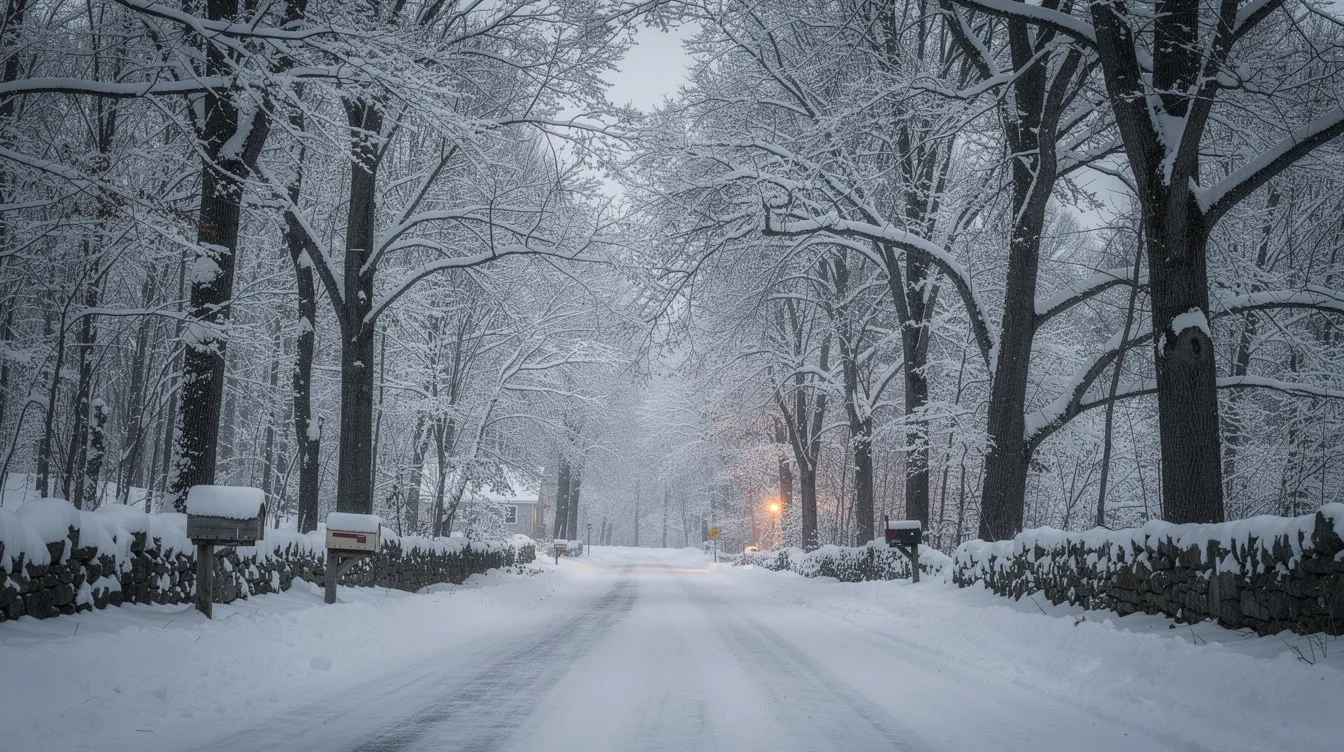 A serene winter scene depicts a snow-covered road winding through trees in New England, showcasing the beauty of New Hampshire winters. This picturesque landscape highlights the peacefulness of the season, ideal for those considering auto transport options in the area.