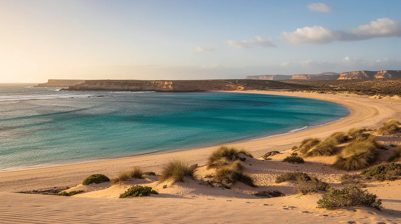 Une lagune turquoise à côté d'une plage de sable sur la côte atlantique marocaine.