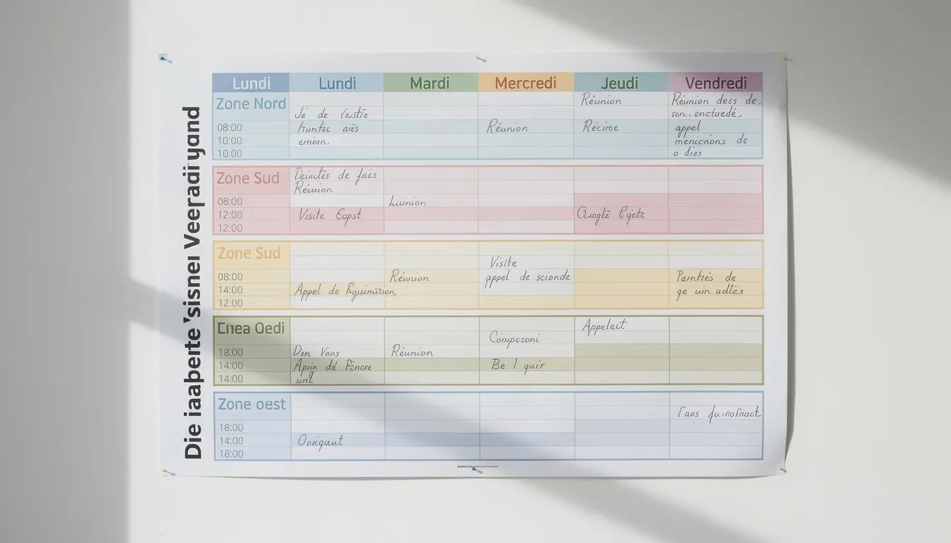Un planning hebdomadaire coloré est affiché sur un mur, présentant des zones géographiques distinctes et des créneaux horaires bien visibles, facilitant ainsi l'organisation de la tournée pour les infirmières libérales. Ce tableau aide à gérer les déplacements, les rendez-vous et les besoins de la patientèle au quotidien.