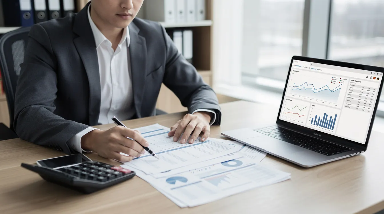 6f167f64 4af0 411f 8e16 ea2dcb87b331 A professional sits at a desk, reviewing financial documents with a calculator and laptop, focusing on key elements such as financial statements and cash flow projections for a mudra loan project report. The scene emphasizes the importance of thorough project report preparation for business loans and loan approval processes.