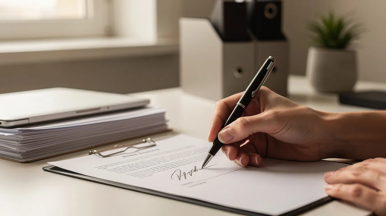 A person is seated at an organized desk, signing documents with a pen, possibly related to a workers compensation claim. The neat arrangement of papers suggests they are preparing to file important paperwork regarding a workplace injury or occupational illness.