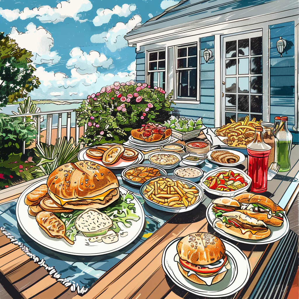 Illustration of people enjoying economical eats at local farmstands in the Hamptons